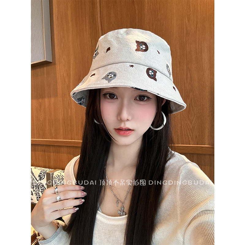 【小猫刺绣渔夫帽】刺绣涂鸦可爱甜美户外百搭盆帽女秋新款水桶帽