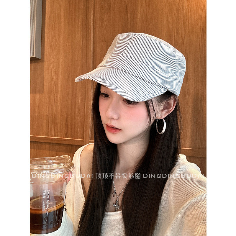 【条纹平顶马术帽】韩版文艺复古贝雷帽女时尚百搭显脸小画家帽