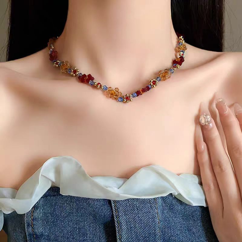 钛钢树脂项链 多巴胺串珠编织花朵项链甜美森系锁骨链百搭饰品