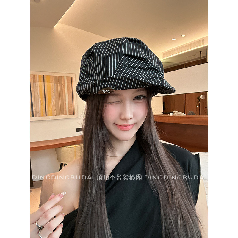 【复古条纹贝雷帽】日系翻边报童帽女新款大头围显脸小画家帽子