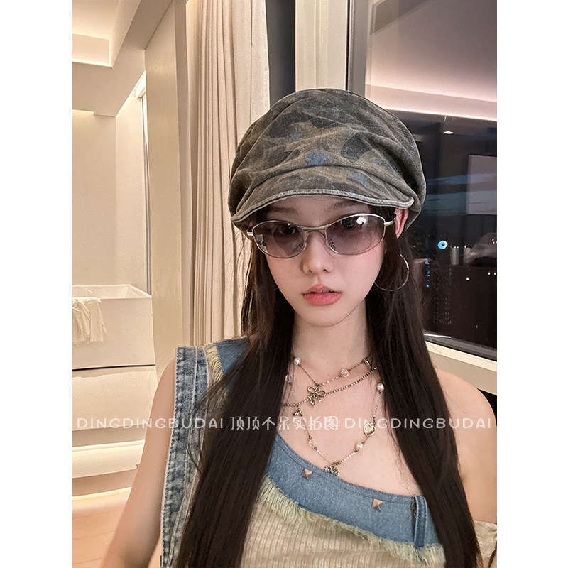 【复古迷彩前进帽】慵懒风迷彩不规则贝雷帽女秋新款大头围帽子