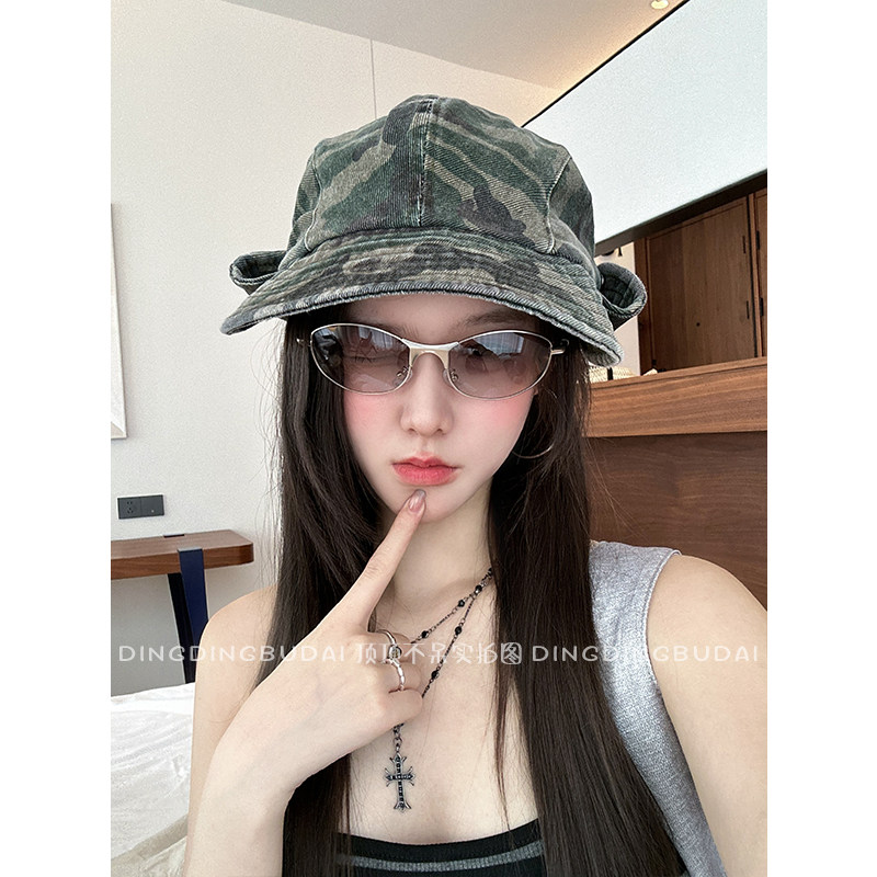 【复古迷彩渔夫帽】女秋冬翻檐纽扣贝雷帽子新款百搭显脸小盆帽