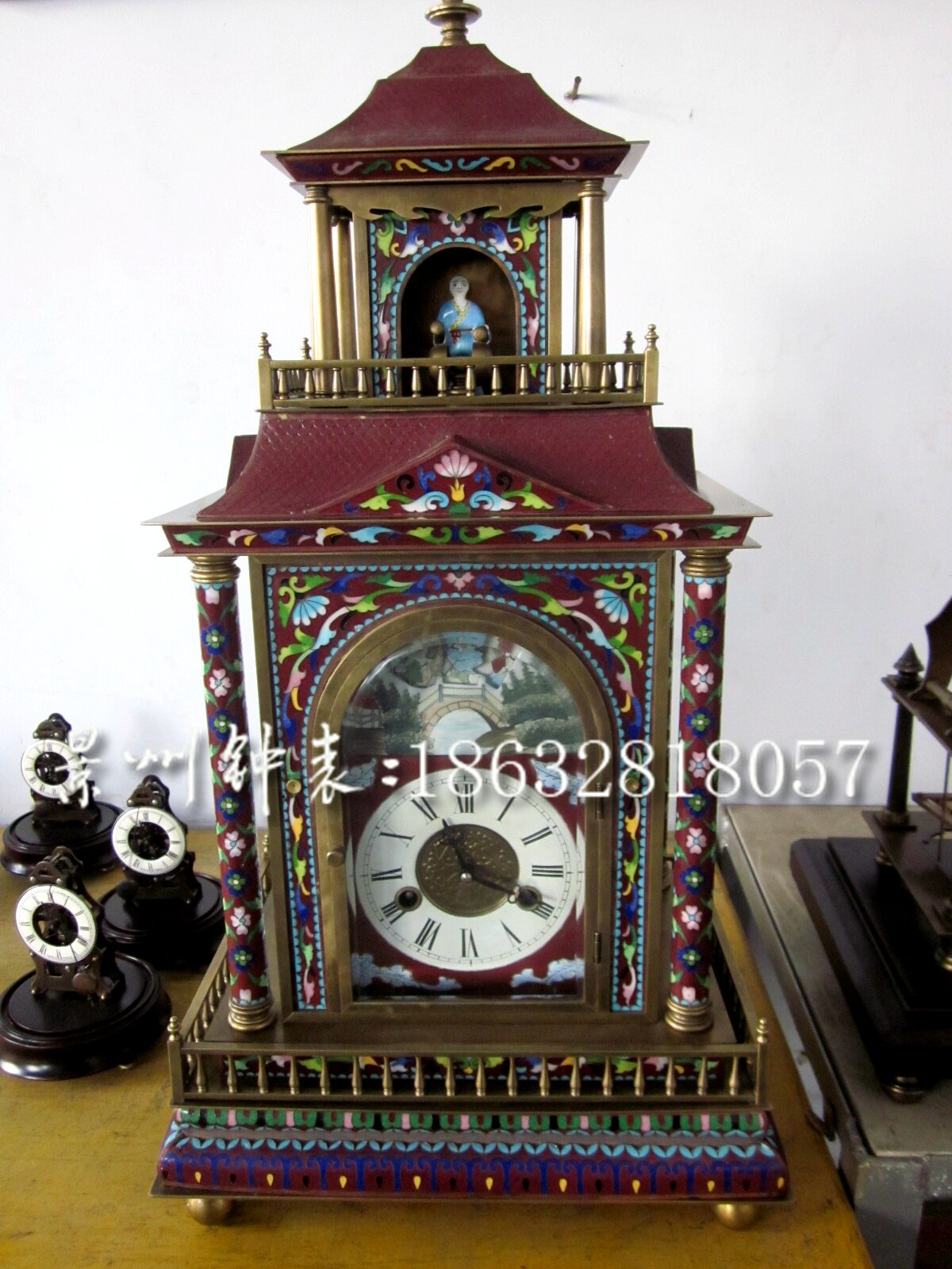 钟表景泰蓝机械纯铜转八仙座钟仿故宫古董动态创意趣味和尚敲钟