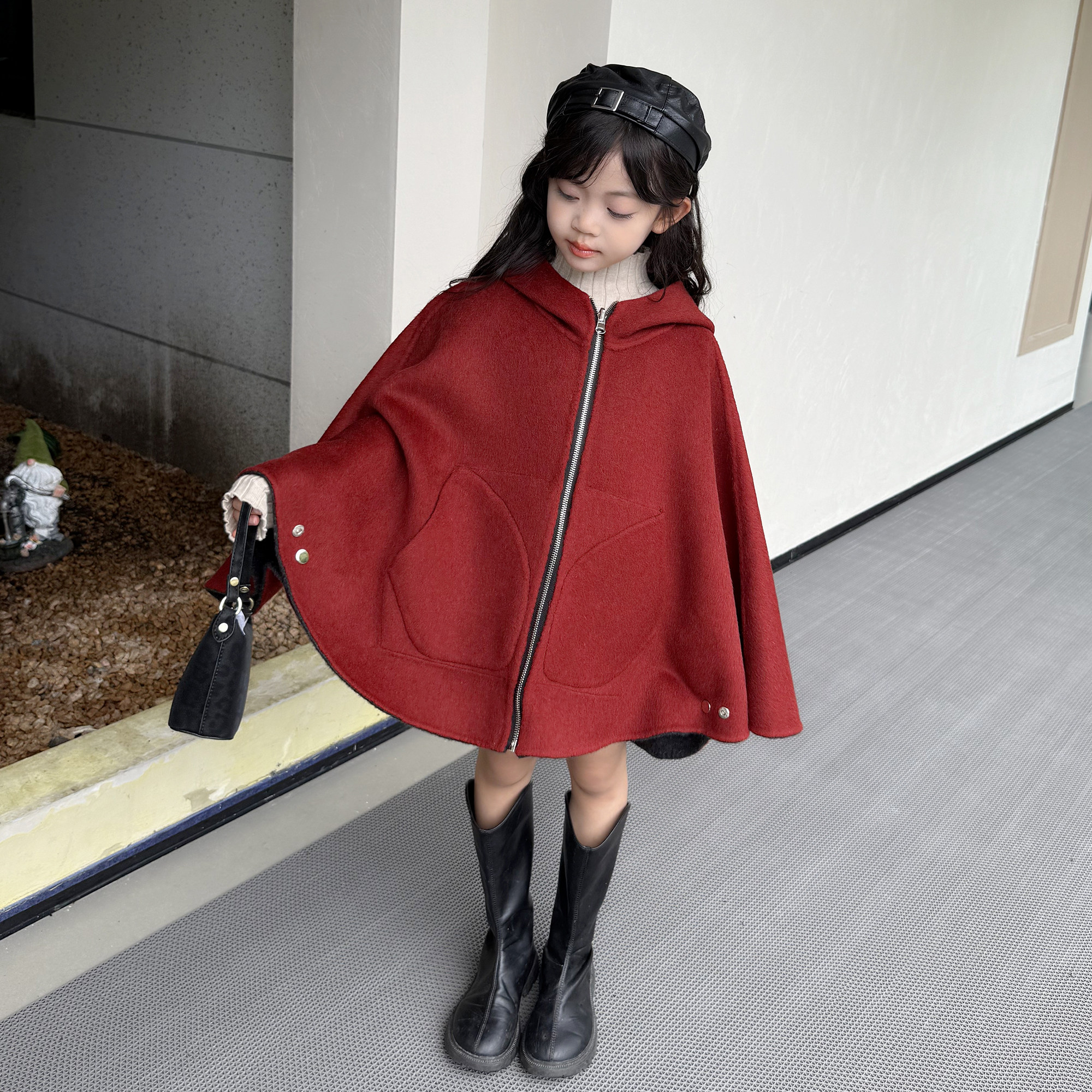 女童喜庆双面穿羊绒斗篷韩版呢大衣2025新款秋冬羊毛保暖呢子外套