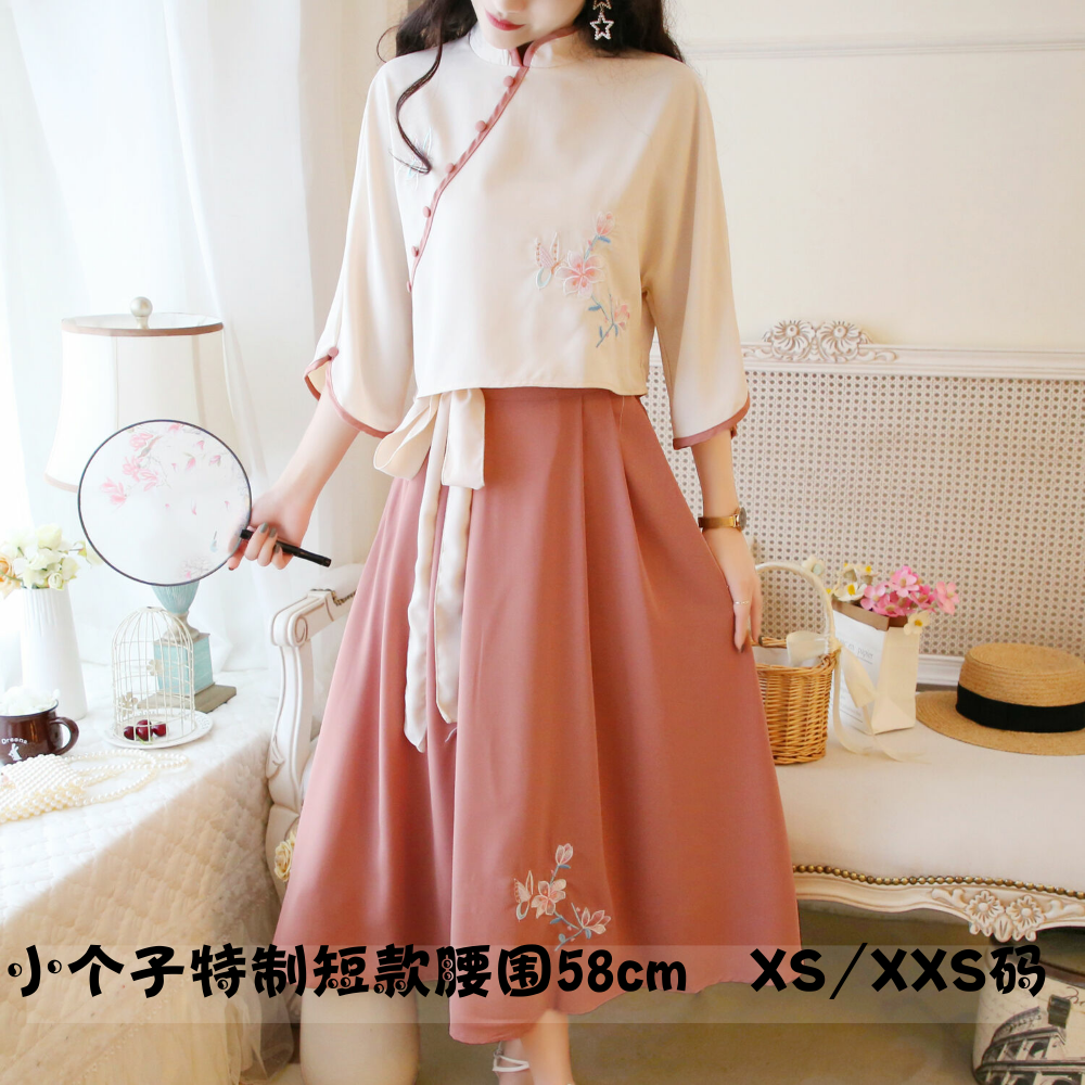 150cm小个子改良汉服女秋季中国风仙气古风两件套长袖连衣裙xxs码