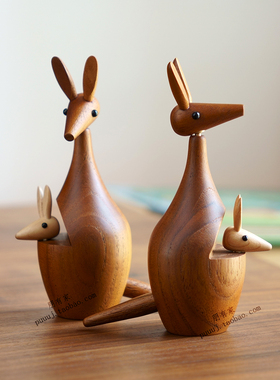 袋鼠 柚木摆件温馨礼物可爱亲子家居装饰品木质儿童房间卧室软装