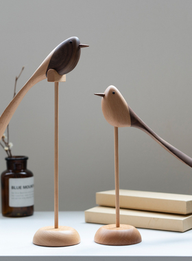 实木小鸟客厅玄关摆件原木雕办公室餐边柜装饰工艺品电视书柜家居