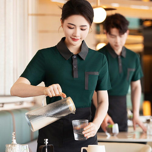 T恤翻领短袖餐饮服务员工作服烤肉奶茶火锅饭店超市团体烧烤 工装