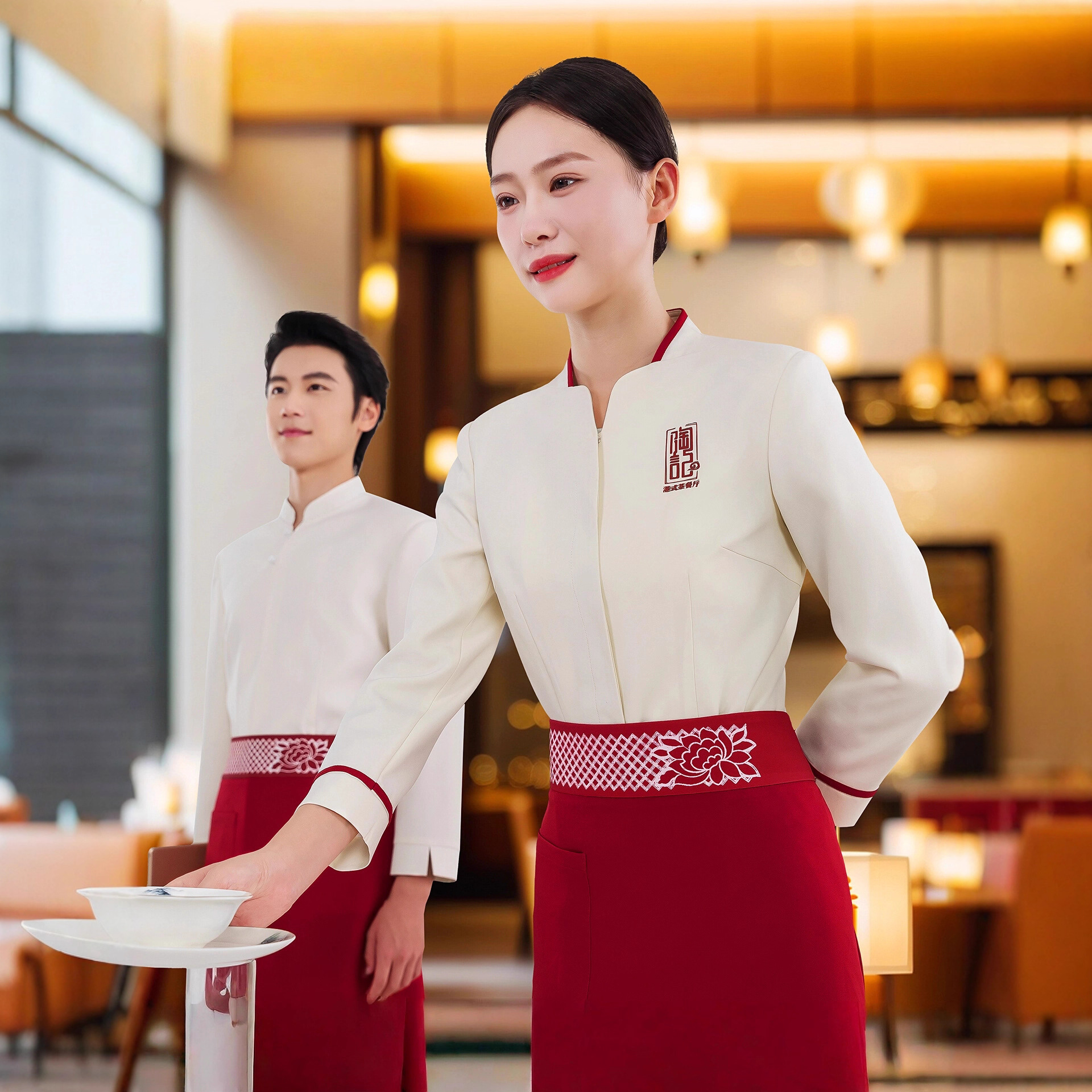 衣研堂餐厅服务员工作服长袖酒店饭店茶楼中式餐饮定制套装女秋冬