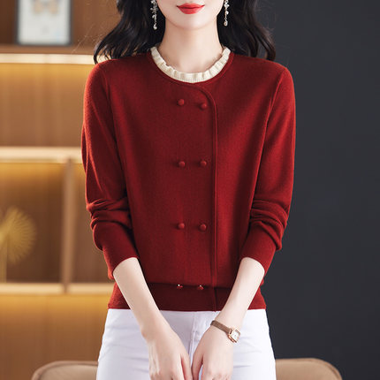 红色针织上衣木耳领打底衫女秋冬2024新款内搭可外穿洋气妈妈毛衣