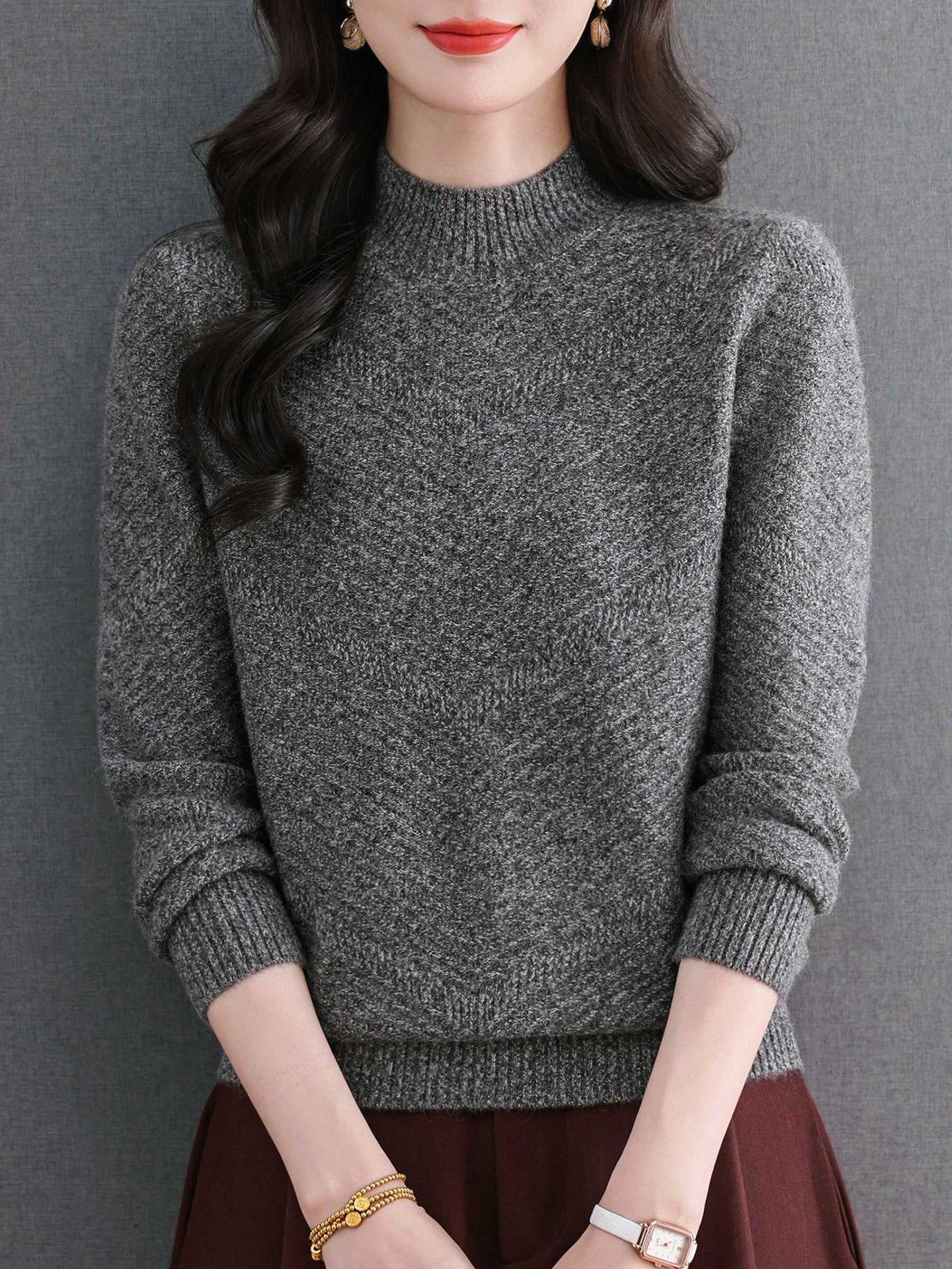 ROUMIKL半高领花纱针织毛衣女秋冬2025新款中老年妈妈内搭打底衫