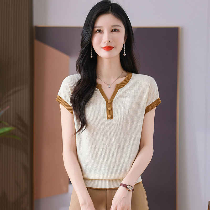 2025新款夏季冰丝针织衫上衣女v领短袖t恤短款小个子洋气卡腰小衫
