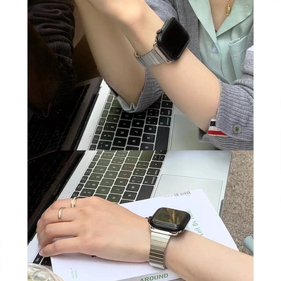 Monna简约高级感金属不锈钢弹力竹节小蛮腰表带iwatch10987se/s11