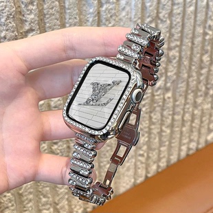 iwatch夏天表带高级感金属不规则镶钻小蛮腰适用苹果手表s10s98女
