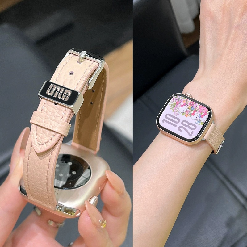 适用苹果手表iwatchs10表带荔枝纹皮质高级女applewatch789代透气