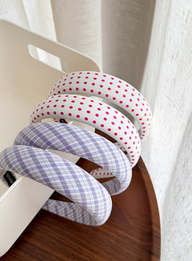 韩国紫色格纹海绵发箍高颅顶粉色波点头箍日韩小清新百搭发卡发饰