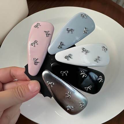 韩国银色蝴蝶结发夹刘海边夹刘海夹皮质碎发bb夹卡子夹子女发饰新