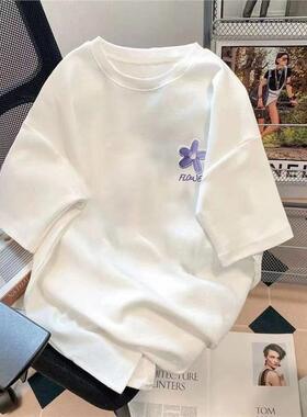 oversize2026印花风年简约ins袖百搭慵懒ins案夏季炸街五分紫色花