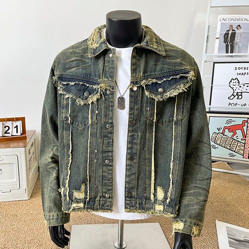 美式短装高街牛仔外套潮牌vintage流苏夹克男复古垫肩宽松上衣服