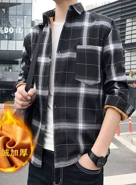 秋冬季港风格子加绒保暖衬衫男韩版潮流情侣外套ins百搭男士衬衣