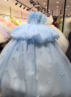新款小兰花蓝色花神梦幻公主风成人礼生日婚礼派对浅蓝抹胸蓬蓬裙