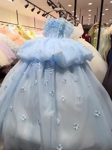 新款小兰花蓝色花神梦幻公主风成人礼生日婚礼派对浅蓝抹胸蓬蓬裙