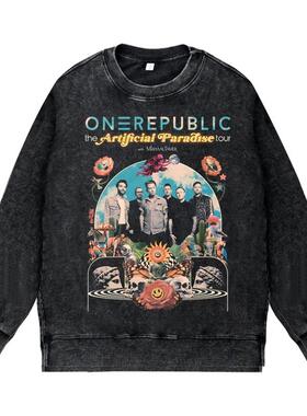 美式复古做旧水洗vintage圆领套头卫衣OneRepublic一体共和乐队