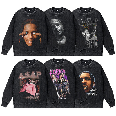 美式说唱歌手复古vintage水洗做旧秋冬圆领套头卫衣asapROCKY男