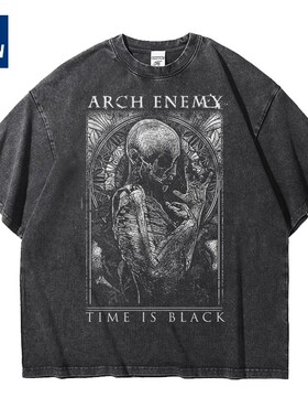 重磅宽松做旧arch enemy大敌乐队欧美金属水洗纯棉五分短袖T恤男