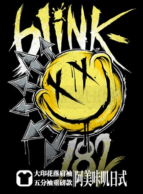 美式ins高街重磅落肩五分袖oversize纯棉短袖T恤男女摇滚blink182