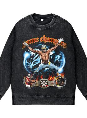 美式水洗做旧vintage圆领套头卫衣WWE摔跤神秘人雷尔REYMYSTERIO