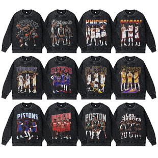 美式篮球运动湖人掘金勇士队复古vintage高街水洗圆领套头卫衣男