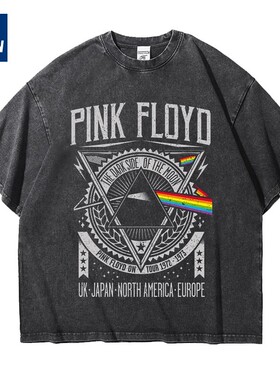 pinkfloyd欧美平克佛洛依德宽松做旧水洗重磅纯棉五分短袖T恤男女