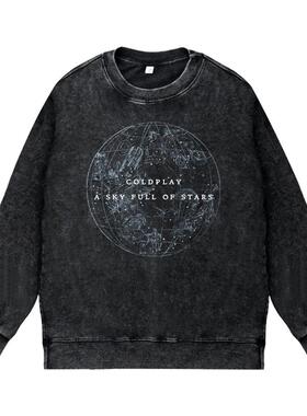美式英伦复古做旧水洗vintage圆领套头卫衣摇滚乐coldplay酷玩