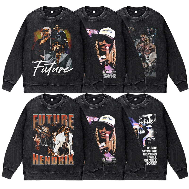 美式说唱嘻哈rapper水洗做旧印花vintage秋冬圆领卫衣FUTURE周边