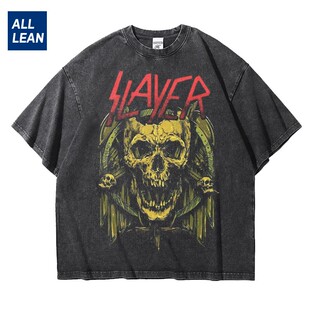 男欧美摇滚金属乐队杀手Slayer水洗重磅大码宽松纯棉五分短袖T恤