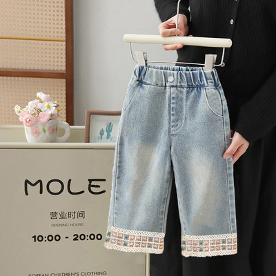 女童2025阔腿牛仔裤儿童裤子女中小童洋气休闲裤直筒长裤古风