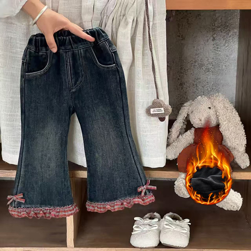 女童秋冬季一体绒牛仔裤儿童蝴蝶结花边喇叭裤小女孩洋气休闲裤