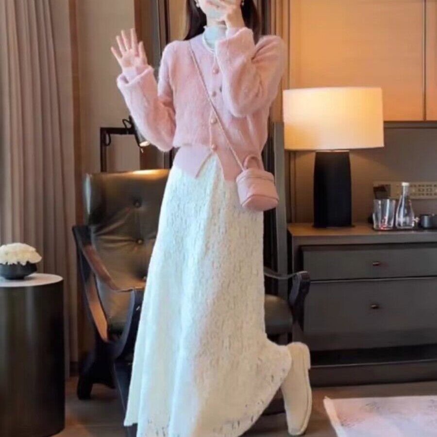 秋冬装搭配一整套今年流行漂亮粉色毛衣半身裙两件套装裙秋季女装