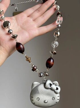 中古小众银色Kitty猫串珠绳长款项链女可爱轻奢挂脖毛衣链设计感
