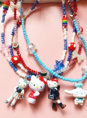 日韩卡通可爱水晶绿色蓝色长腿KT猫咪项链少女心网红锁骨链颈链女