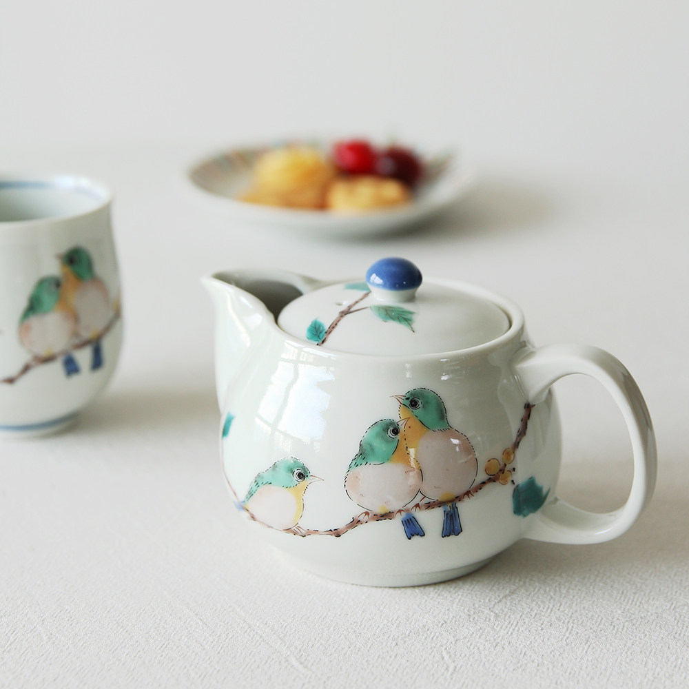 日本进口九谷烧山雀茶壶茶杯 绣眼鸟茶具 小鸟壶杯子田园风茶器