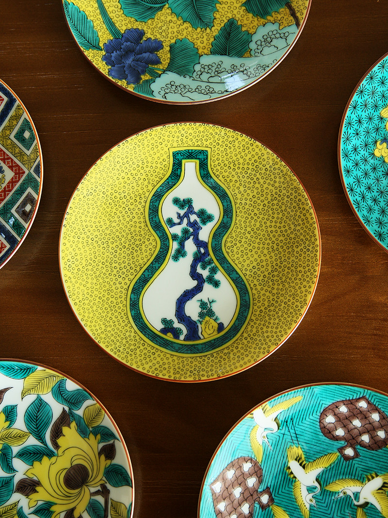 正品 日本进口九谷烧古九谷风彩绘纹饰复古陶瓷盘子 平盘圆碟壶承