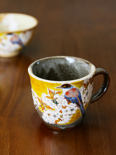 正品 日本进口九谷烧樱花雀鸟马克杯咖啡杯茶杯 复古田园陶瓷杯子