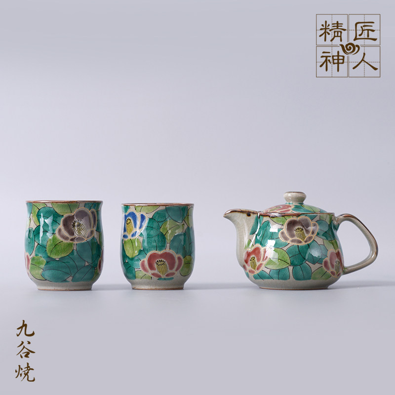 一壶二杯 日本九谷烧京山茶花情侣对杯茶壶 冰裂釉陶瓷茶具