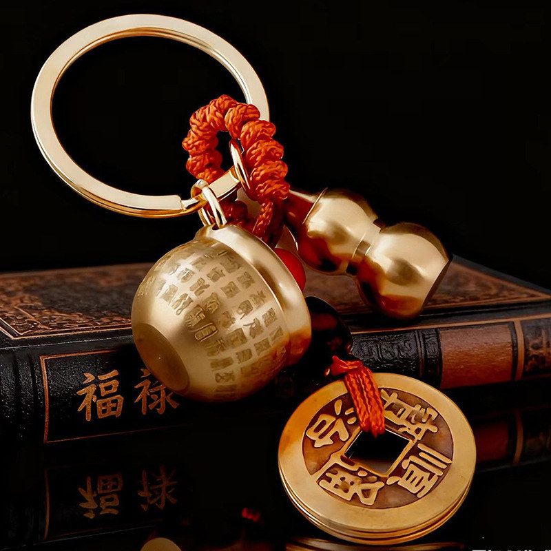 精品版百福缸招钥匙扣小貔貅生肖转运黄铜五帝钱小号百福缸钥匙扣