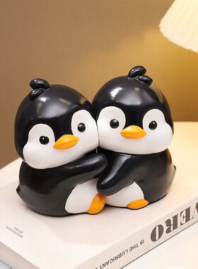 新款企鹅贴贴桌面书立抱抱鹅书档情侣卡通爱情家居装饰品树脂摆件