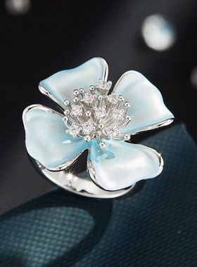 高级感爆棚珐琅彩滴油花朵开口戒指清新甜美可调节食指戒新款指环