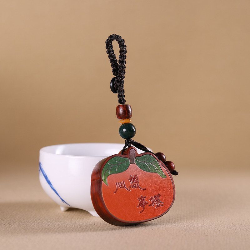 檀木彩绘心想事成汽车钥匙扣女挂件木质品包包挂饰钥匙链圈小挂件