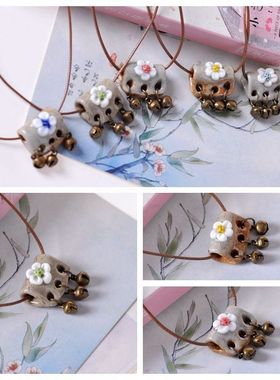 文艺森系手工陶瓷石上封花梅玲吊坠项链地摊商品可爱花锁骨链饰品